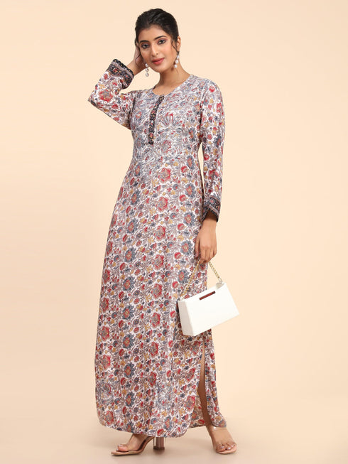 Noor Premium Printed PolySilk Chikankari Long gown for Women -Silver Floral Print